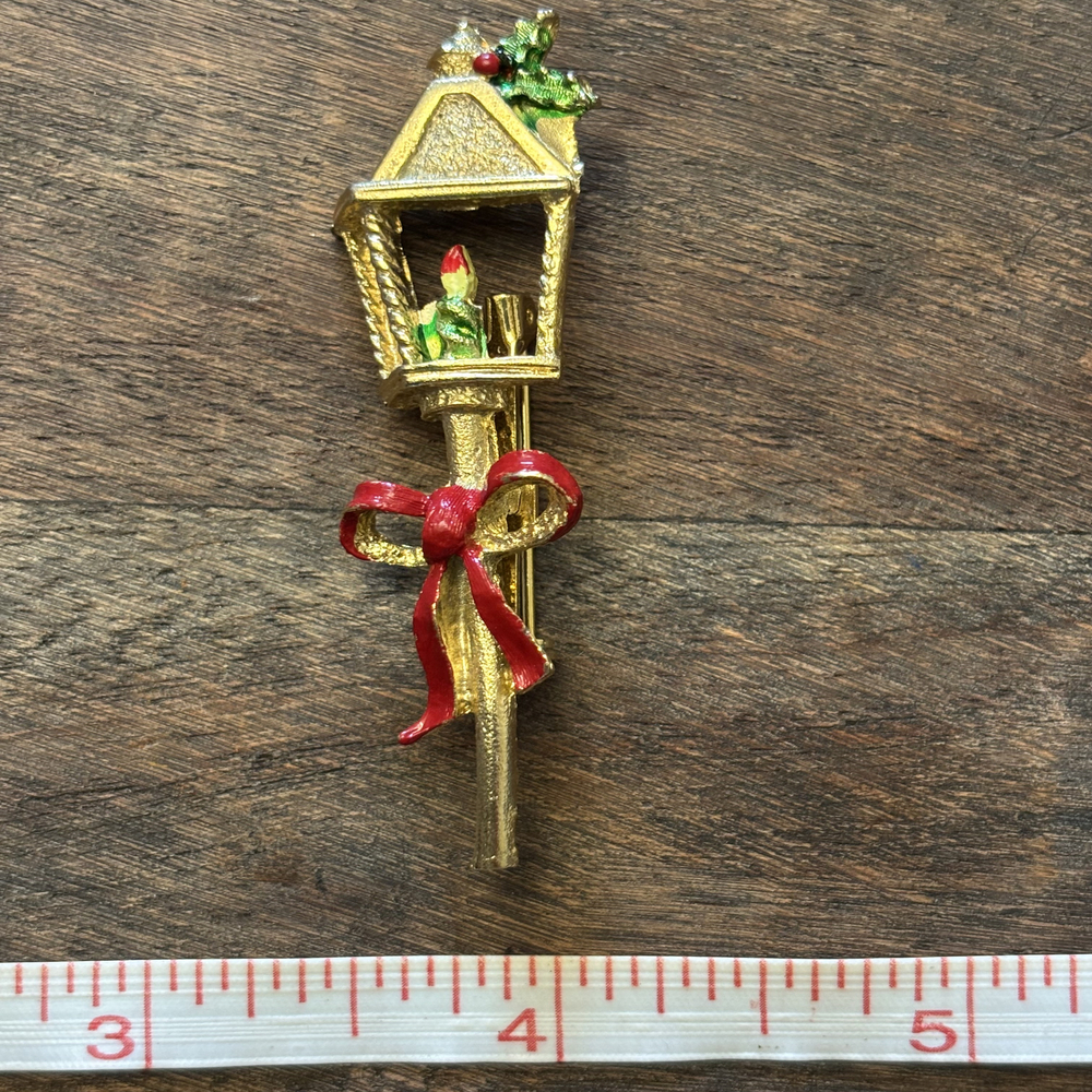 Enamel Christmas Lantern Bow Brooch Gold Tone